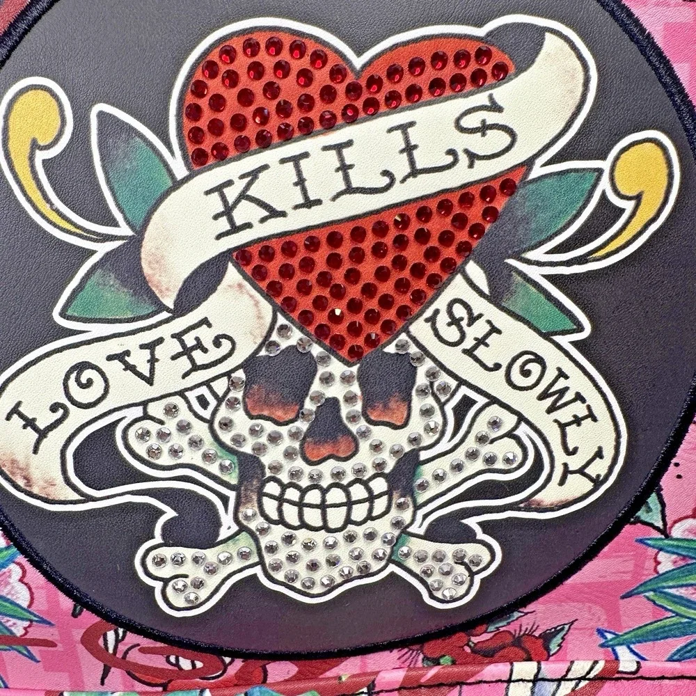 Ed Hardy Pink Multi Backpack Love Kills Slowly Skull Tattoo Rhinestone Y2K NWT